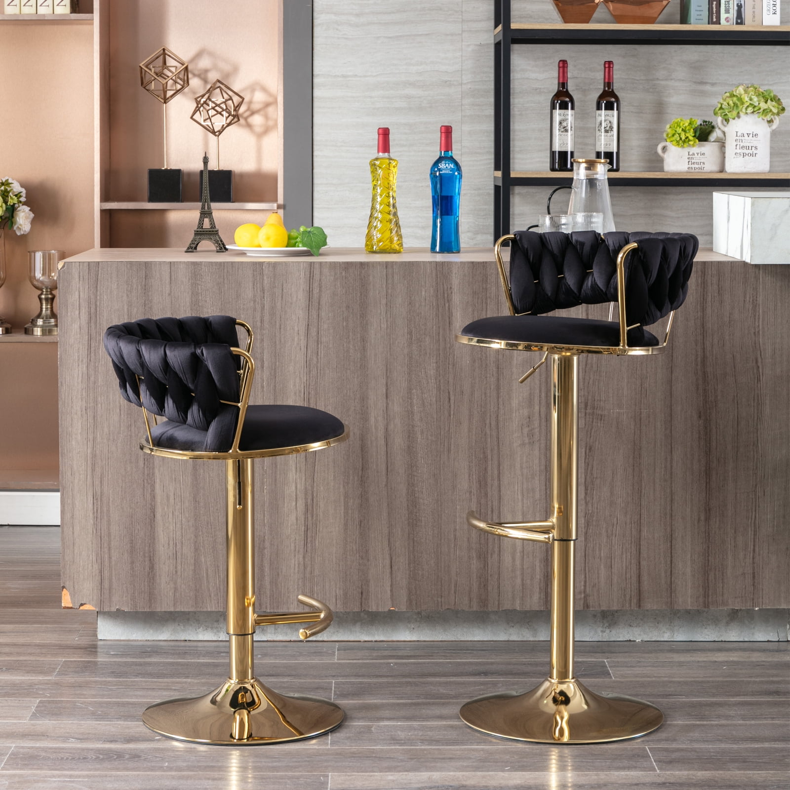 Set of 2 Black Velvet Bar Stools Golden Legs, Chrome Footrest, Swivel