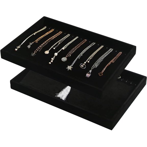 Set Of 2 Black Velvet Stackable Necklace Holder Organizer Tray Velvet Necklace Display Stand For Selling Jewelry Box Case For Storage (Necklace+Necklace)[Z6805]