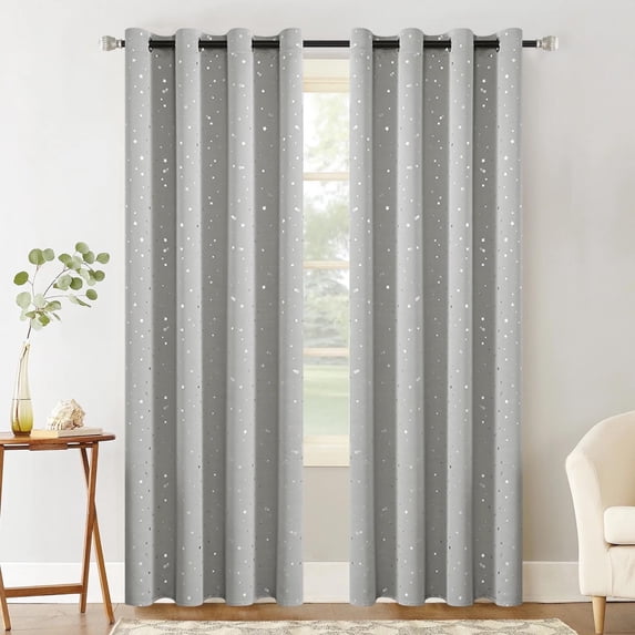 Blackout Silver Twinkle Stars Curtain, Silver Grommet Top Window Panels for Bedroom, Kids Room, Sun Blocking Thermal Insulated (52" W x 63" L)