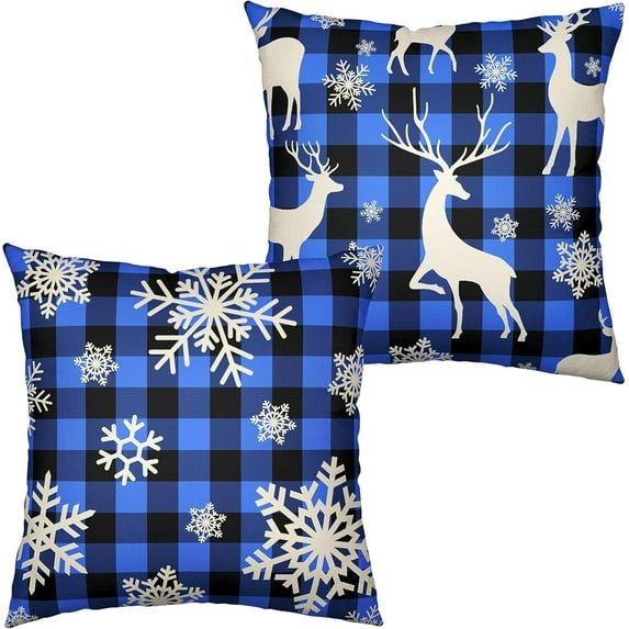 Set of 2 Blue Christmas Pillow Covers Buffalo Plaid Snowflake Pillow Case 18 x 18 mas White Reindeer Throw Pillow Covers Winter Cotton Linen Pillowcase for Couch Sofa Home Decor