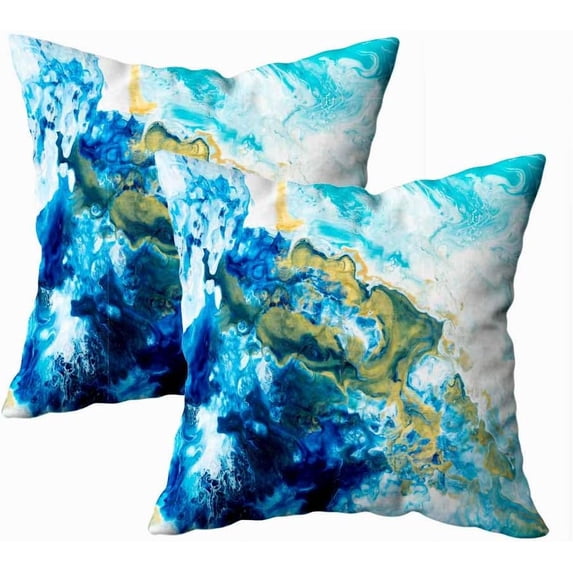 Set of 2 Blue Gold Abstract Painted Background Texture Fragment Acrylic Painting Canvas Strokes Throw Pillow Covers 18X18 Inch Decorative Pillow Cases for Couch Bedroom Living Room
