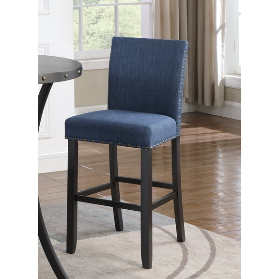 Set of 2 Blue Linen & Cotton Bar Stools by Biony, 30" Seat Height, Solid Hardwood Frame with Nailhead Trim, Espresso Finish, Perfect for Kitchen Island & Home Bar