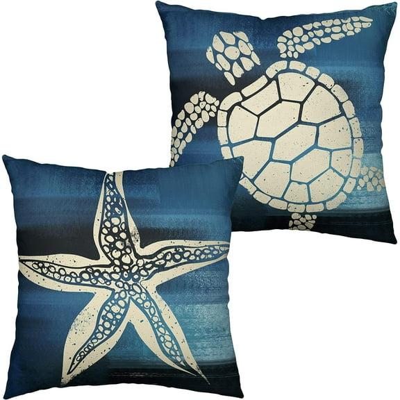 Set of 2 Blue Square Linen Pillow Covers Coastal Beach Theme Throw Pillow Covers 20x20 Nautical Starfish Sea Turtle Pillowcase for Outdoor Couch Sofa Living Room