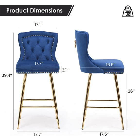 Set of 2 Blue Velvet Counter Height Bar Stools - Button Tufted Wing-Back Chairs with Gold Metal Legs, Comfy Sponge Cushion, Perfect for Kitchen Island, Dining Room, Pub