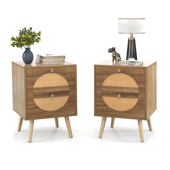 Set of 2 Bohemian 2-Drawer Nightstands, Modern Rattan Bedside Tables with Solid Pine Wood Legs, 22" Tall Natural Wood Side Tables for Bedroom & Living Room