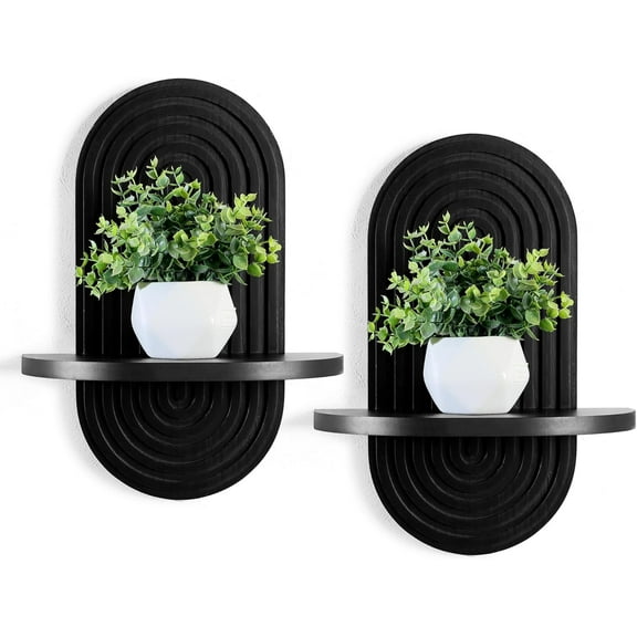 Set of 2 Boho Arched Floating Shelves 15.7x 7.83D Wooden Hanging Shelf for Living Room Bedroom Nursery Mid Century Modern Wall Decor(Black, 11.7 * 15.7)