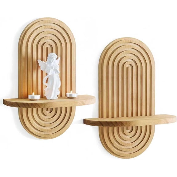 Set of 2 Boho Arched Floating Shelves 15.7x 7.83D Wooden Hanging Shelf for Living Room Bedroom Nursery Mid Century Modern Wall Decor(Brown, 11.7 * 15.7)