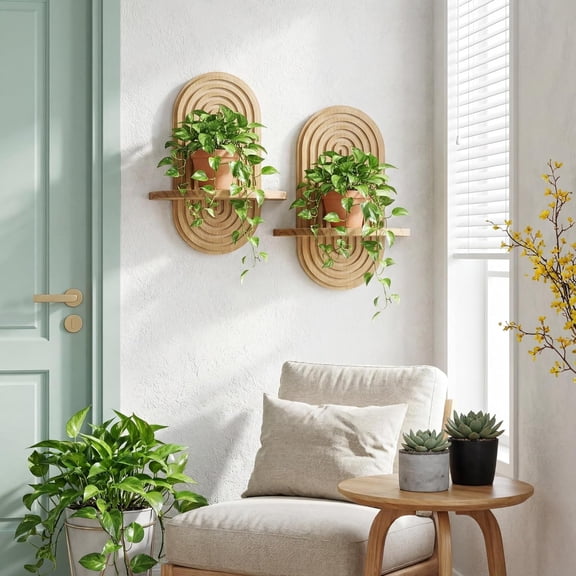 Set of 2 Boho Arched Floating Shelves 15.7x 7.83D Wooden Hanging Shelf for Living Room Bedroom Nursery Mid Century Modern Wall Decor(Brown, 11.7 * 15.7)