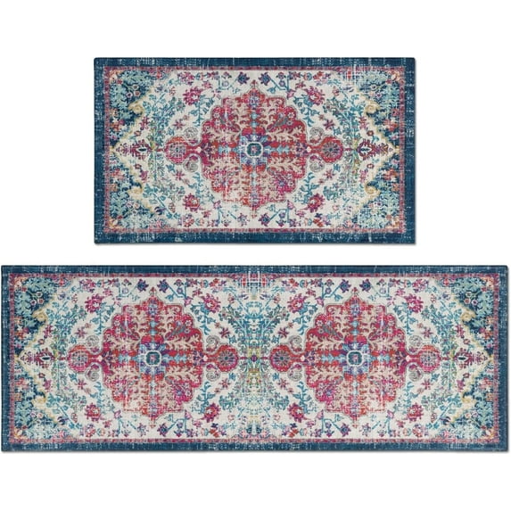 Set of 2 Boho Kitchen Decor Rug Set, Vintage Bohemian Floral Rug for Kitchen Laundry Bathroom, Non-Slip Washable Hallway Runner Floor Mat 17x30+17x47 Inch Red