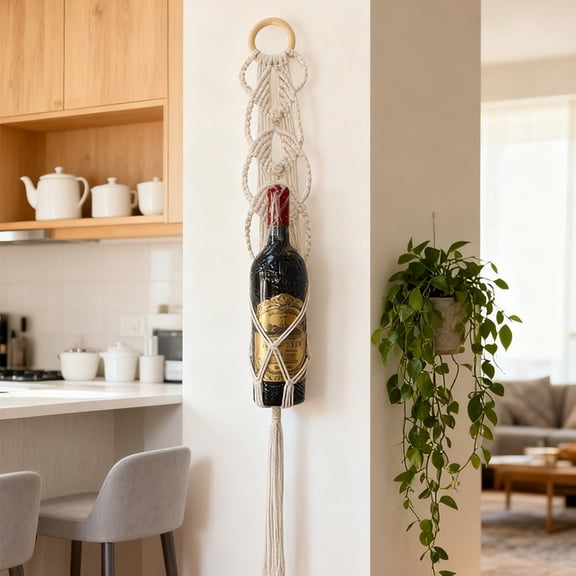Set of 2 Boho Macrame Wine Bottle Holder Wall Hanging, Handmade Cotton Rope Wine Bottle Display Holder with Wooden Ring, Rustic Farmhouse Bohemian Wall Decor for Kitchen Bar Dining Room