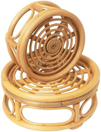 Wicker Risers Set of 2 Boho Rattan Woven Round Decorative Risers Plant Stands Indoor ...