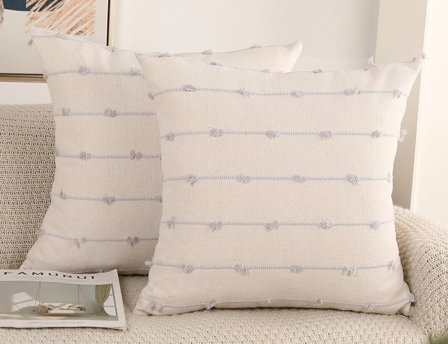 Set of 2 Boho Throw Pillow Covers 30x30,Stone Grey and White Neutral