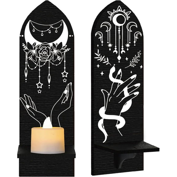 Set of 2 Boho Wall Candle Holder Moon Snake Wooden Mounted Pillar Sconces Candlestick Stand Gothic Hanging Shelf for Home Dining Room Bathroom Kitchen Hallway Decor Black 3.9 x 14.2inch DIY