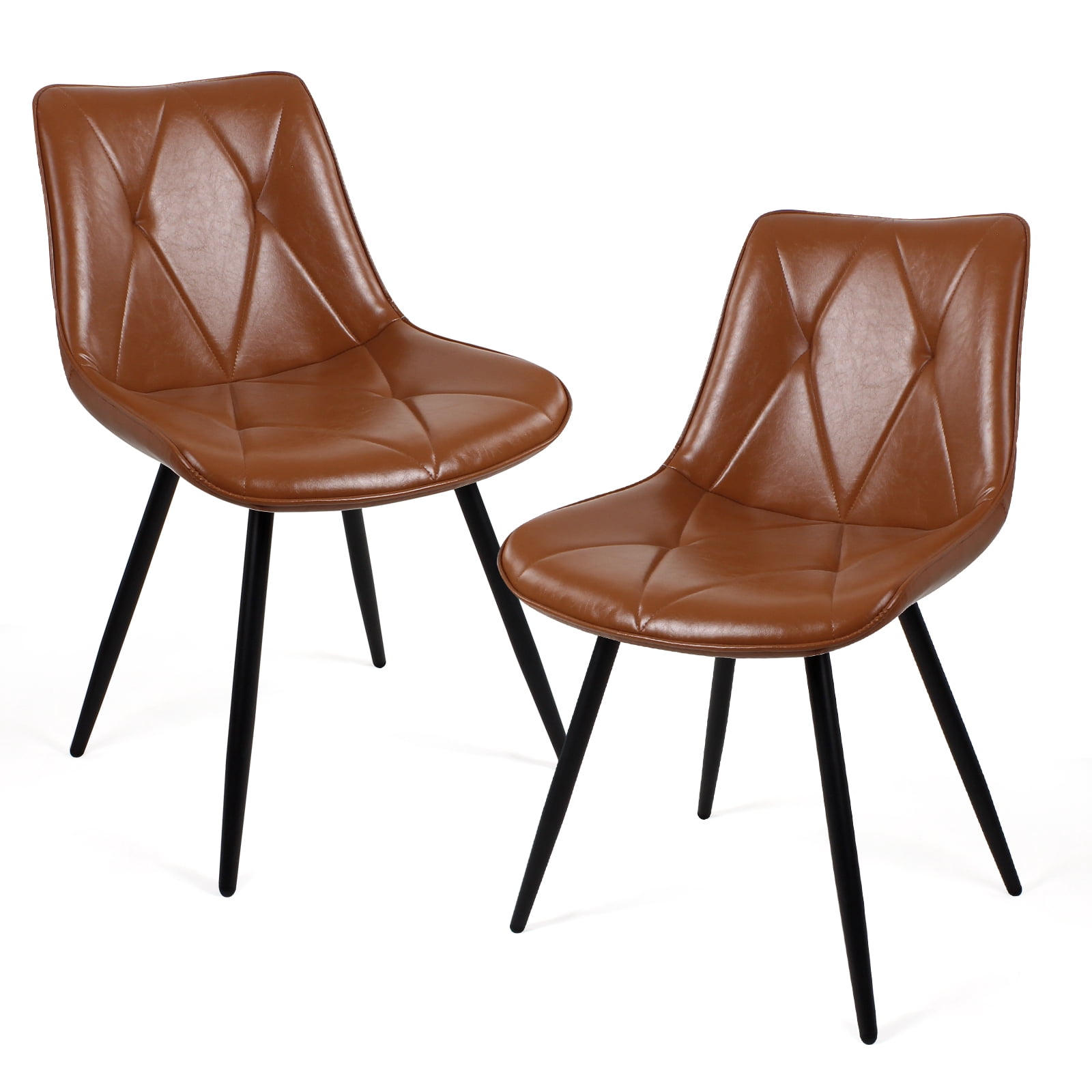 Set of 2 Brown Faux Leather Dining Chairs, Ergonomic Backrest with Thick Foam Cushion, Metal Legs & FSC Frame, Waterproof Easy-Clean PU Leather, Support 300 lbs