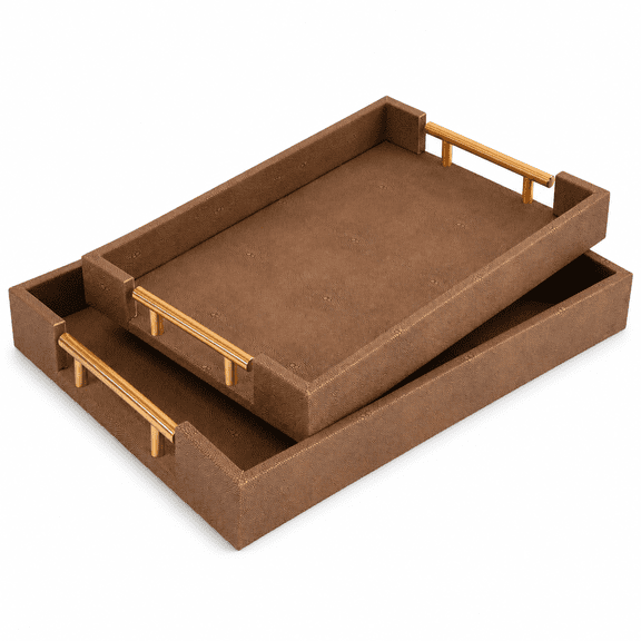 Set of 2 Brown Faux Shagreen Decorative Trays with Polished Gold Metal Handles, Rectangle Serving Trays for Ottoman, Coffee Table, Vanity, Kitchen, and Home Decor