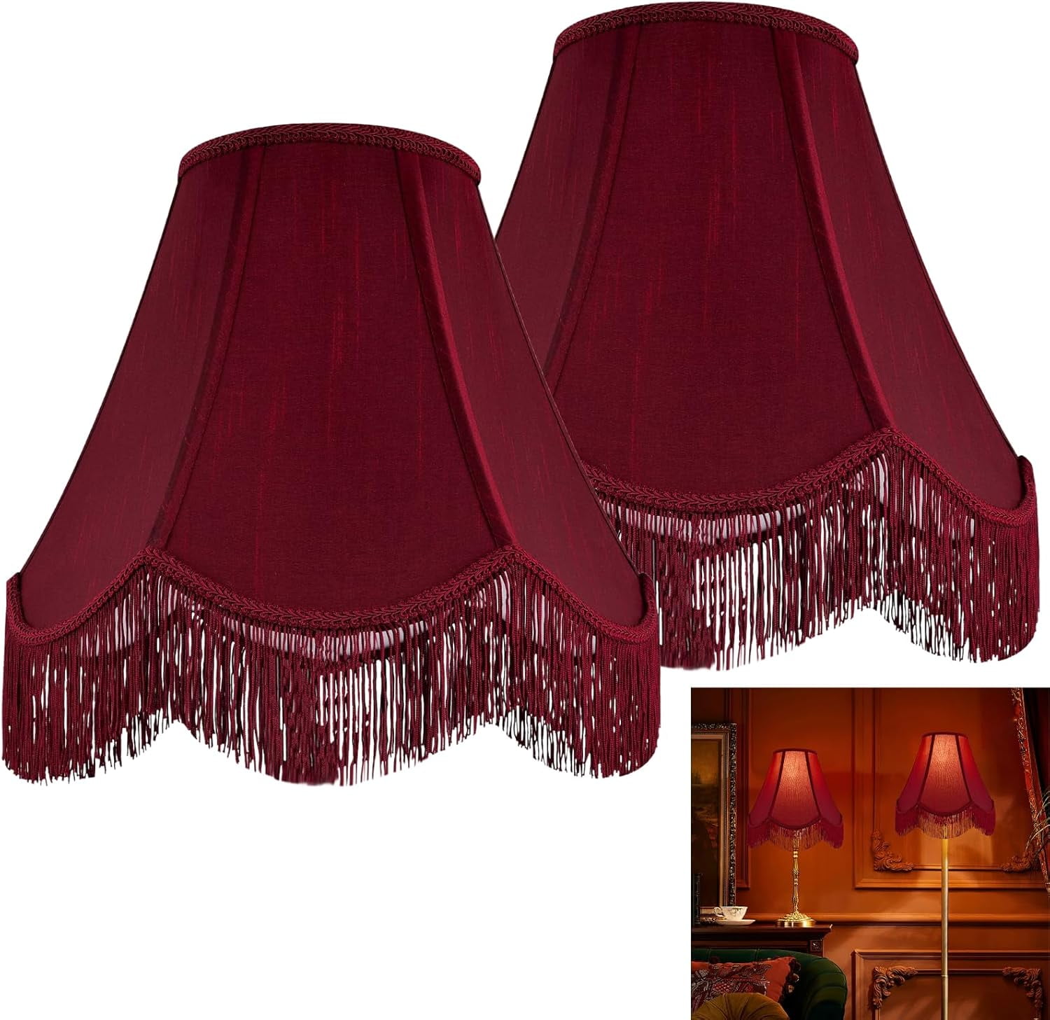 Set of 2 Burgundy Silk Scalloped Lamp Shade, Petal Edge Braid with Burgundy Fringe Trim, 6"x13"x10.6"(Spider), Victorian Bell Lamp Shades, Replacement Shades for Table,Floor Lamps, Easy Assembly