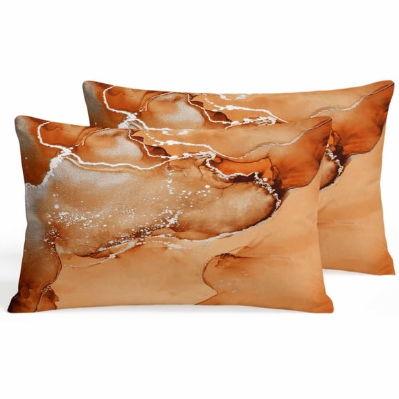 Set of 2 Burnt Orange Abstract Pillow Covers 12x20 Inch, Silver Marble Ripples Luxury Fluid Art Decorative Throw Pillow Cases Cotton Cushion Covers for Sofa Couch Bed Living Room Bedroom Home Decor