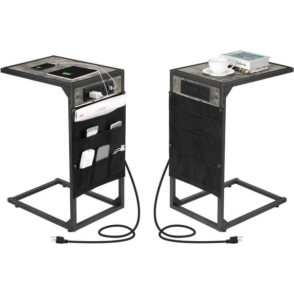 Set of 2 C Shaped End Table with Charging Station, Snack Side Table, C Tables for Couch, Couch Tables That Slide Under, for Living Room, Bedroom, Gray