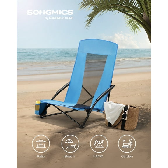 Set of 2 Camping Chairs, Beach Chairs, Portable Outdoor Chairs, with High Backrest, Cup Holder, Lightweight, Heavy-Duty, Max. Load 330 lb per Chair, Light Blue