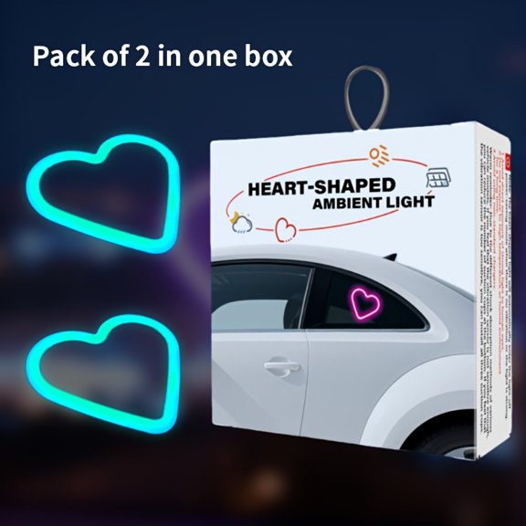 Set of 2 Car Interior Neon Heart Lights Available in Blue, Pink, Red, Ice Blue, Rechargeable Via Solar Or USB, Featuring 5 Lighting Modes, Perfect for Decorating Car Dashboards And Home Parties