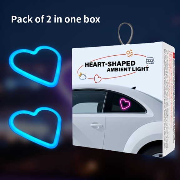 Set of 2 Car Interior Neon Heart Lights Available in Blue, Pink, Red, Ice Blue, Rechargeable Via Solar Or USB, Featuring 5 Lighting Modes, Perfect for Decorating Car Dashboards And Home Parties