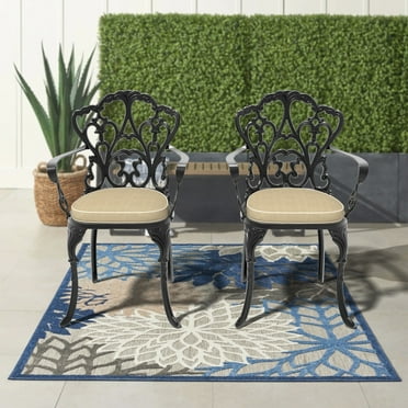 Set of 2 Cast Aluminum Patio Dining Chairs, Patio Bistro Chair Set with Armrests, Stackable Outdoor Dining Chairs for Patio Furniture Garden, Black Frame, Cushions In Random Colors