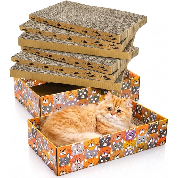 Set of 2 Cat Scratching Boxes, 17x10 in 6 Pcs Corrugated Cardboard Pad with 2 Boxes, Large Cute Reversible Kitty Sofa Bed, Refillable Wave Shaped Lounge, Interactive Kitten Toy for Indoor Cat