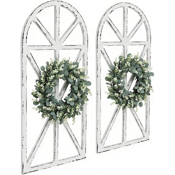 Set of 2 Cathedral Arch Window Frame Wall Decor - 36" Large Rustic Farmhouse Wood Wall Art - Distressed White Architectural Hanging for Living Room, Entryway & Mantel