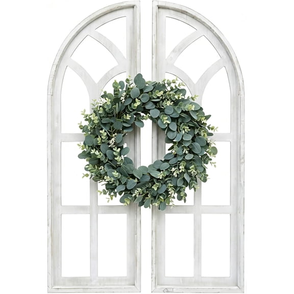Set of 2 Cathedral Arch Window Frame Wall Decor - 36" Large Rustic Farmhouse Wood Wall Art - Distressed White Architectural Hanging for Living Room, Entryway & Mantel