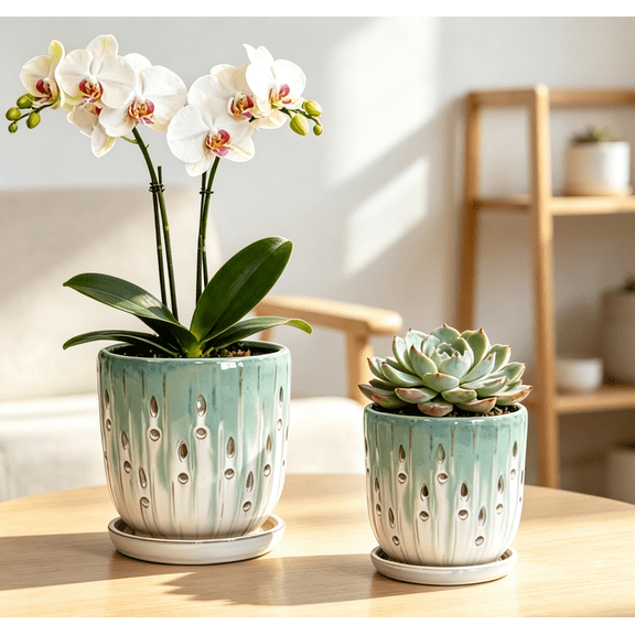 Mdj Pottery 2-Pack Green & White Ceramic Planters for Orchids, 5.51 to 7.48 inch with Drainage Holes and Saucers, Indoor & Outdoor Plant Containers