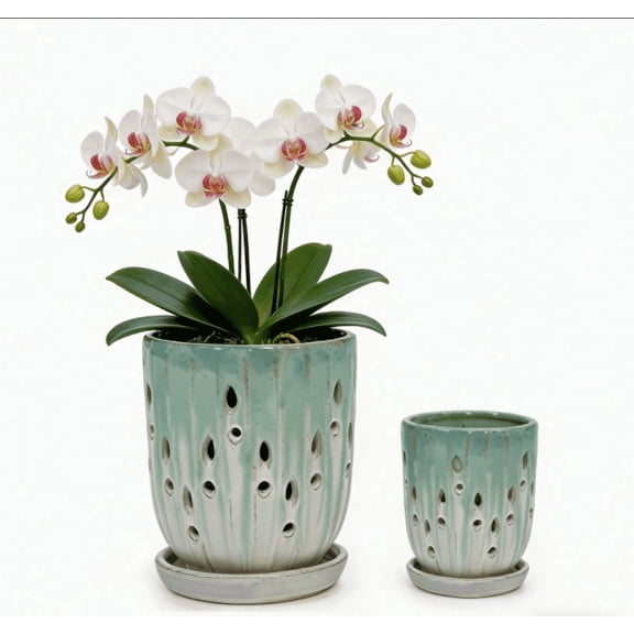 mdj pottery Set of 2 Ceramic Orchid Pots, 7.48   5.51 Inch Plant Pots with Drainage Holes and Saucer for Repotting, Hollow-Out Planter for Plant Indoor/Outdoor (Green White)