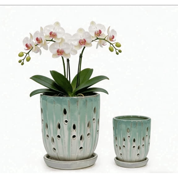 Mdj Pottery Ceramic Green White Orchid Planters Set of 2, 5.51-7.48in with Drainage Holes Saucers Indoor Outdoor Plant Pots