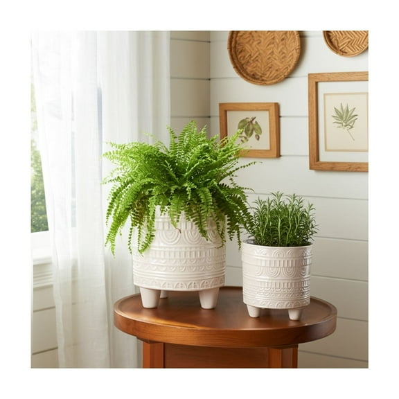 Set of 2 Ceramic Planters with Decorative Embossed Design - Ceramic Indoor Outdoor Pots for Home & Garden - Modern Ivory & Tan Plant Containers with Drainage - 6x6x7" & 7x7x8"