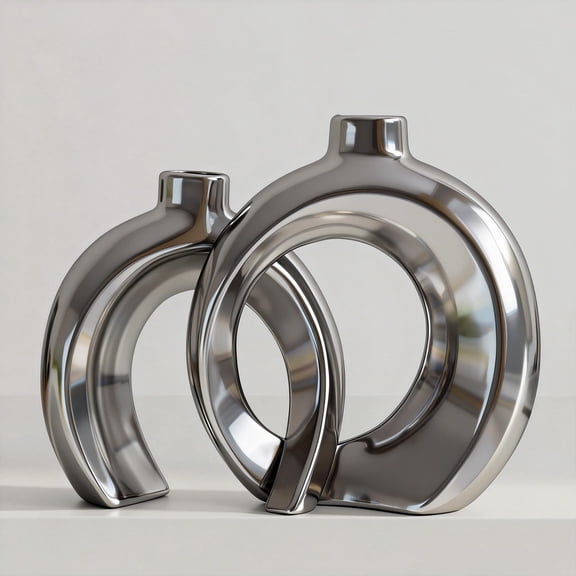 Set Of 2 Ceramic Vases For Home Decor Accents - Hollow Donut Artistic Design Modern Contemporary Glam Style Decorative Shelf Mantel Entryway Table (matte Silver)