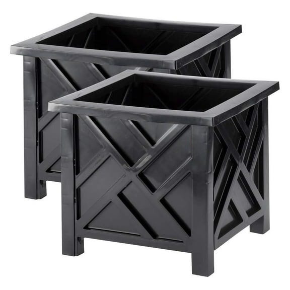 Set of 2 Chippendale Planter Boxes, Black, Outdoor Décor – Plant Holder for Garden, Patio and Lawn, Weather-Resistant Polypropylene – 14 ¾” sq. x 13 ¼ H Overall