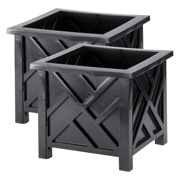 Set of 2 Chippendale Planter Boxes, Black, Outdoor Décor – Plant Holder for Garden, Patio and Lawn, Weather-Resistant Polypropylene – 14 ¾” sq. x 13 ¼ H Overall