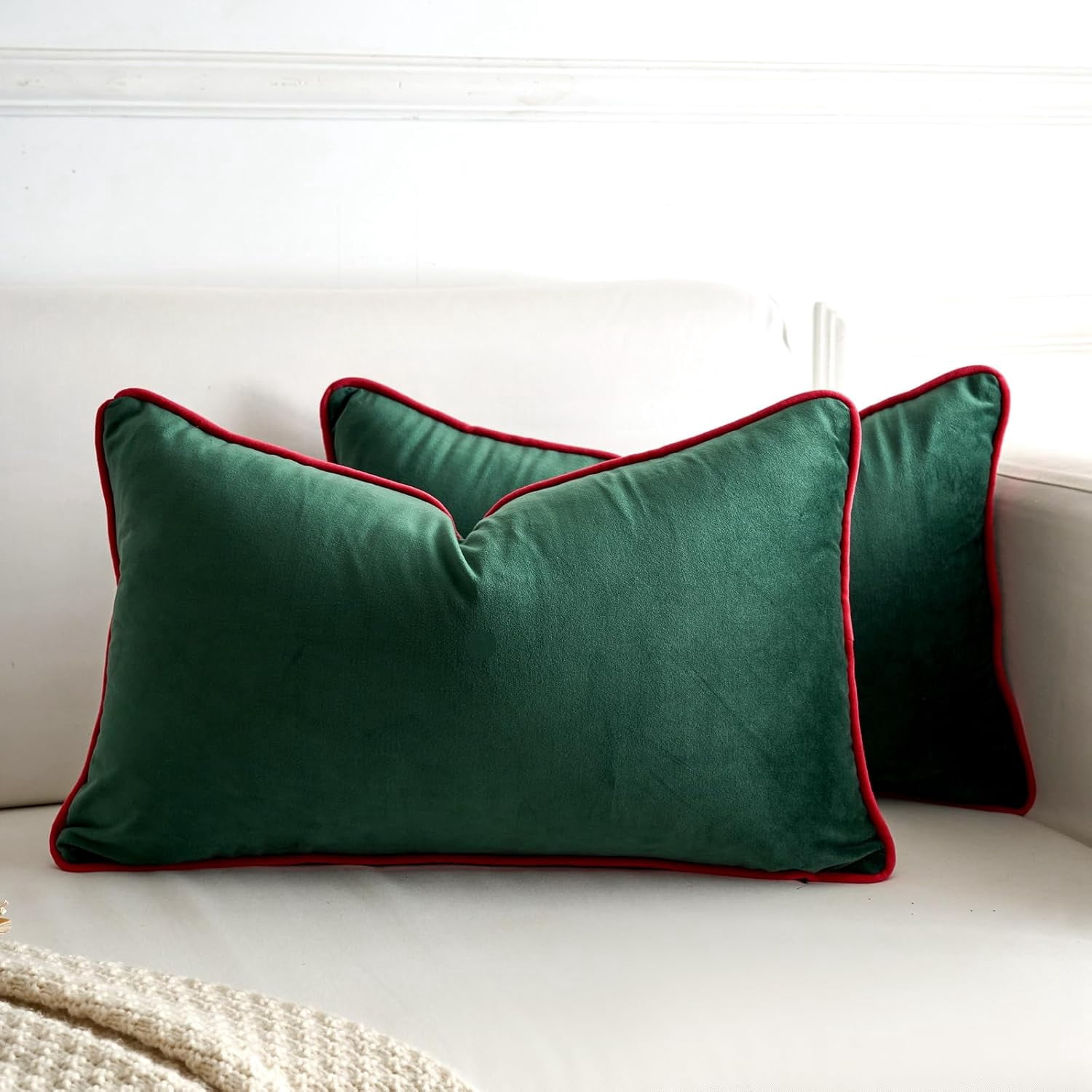 Red Rope Edgers Set of 2 Christmas Dark Green Velvet Lumbar Pillow Covers Modern ...