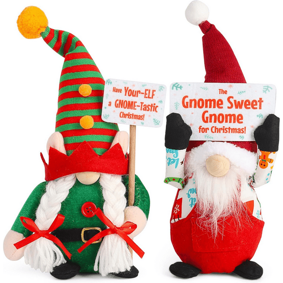 Set of 2 Christmas Gnome Plush Decorations with Gift Bag, Xmas Farmhouse Tiered Tray Decor-Red Green Handmade Scandinavian Tomte - Home Tabletop Elf Ornaments