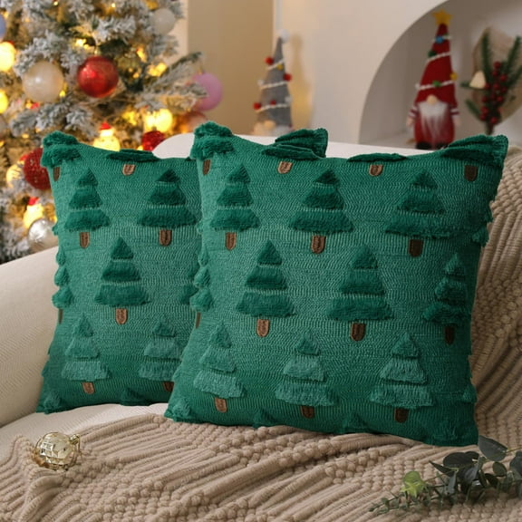 Set of 2 Christmas Tree Pillow Covers, 18x18 inch Christmas Decoration Soft Plush Faux Fur Throw Pillows for Bedroom Sofa Holiday Festivals Winter Home Decor