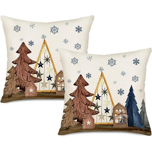 Set of 2 Christmas Tree Pillow Covers Blue Snowflake Winter Holiday Farmhouse Decoration Pillow Cases 18 x 18 Inch Cotton Linen Cushion Cover for Home Sofa Couch