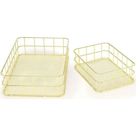 Set of 2 Classic Gold Mesh Wire Basket Trays for Pantry, Desk, Drawer and Countertop Box Storage and Organizing (Medium: 9.6” X 6.4”; Small: 6.7" ×4.7")