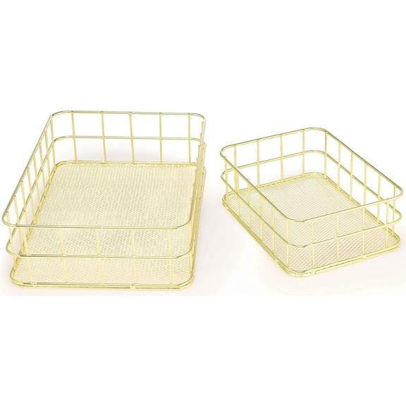 Set of 2 Classic Gold Mesh Wire Basket Trays for Pantry, Desk, Drawer and Countertop Box Storage and Organizing (Medium: 9.6” X 6.4”; Small: 6.7" ×4.7")