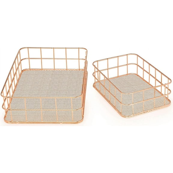 Set of 2 Classic Rose Gold Mesh Wire Basket Trays for Pantry, Desk, Drawer and Countertop Box Storage and Organizing (Medium: 9.6” X 6.4”; Small: 6.7" ×4.7")