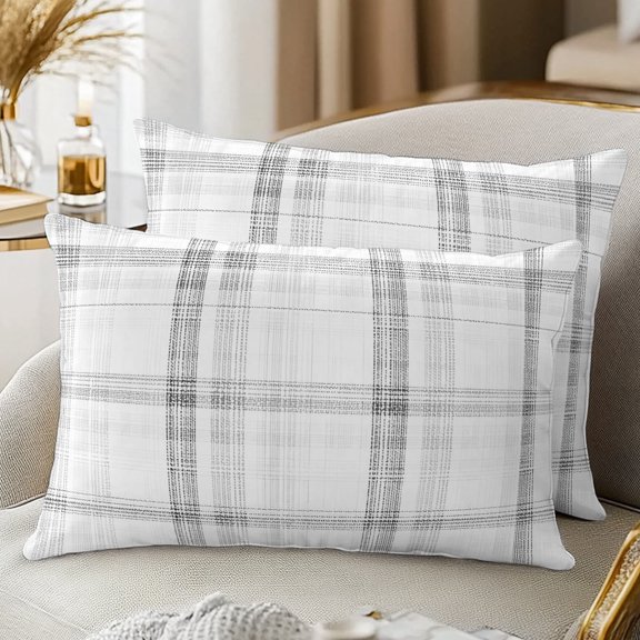 Set of 2 Cloud Gray Pillow Covers 12x20 Inch, Pale Silver Grid Checkered Farmhouse Modern Classic Decorative Throw Pillow Cases Cotton Cushion Covers for Sofa Couch Bed Living Room Bedroom Decor