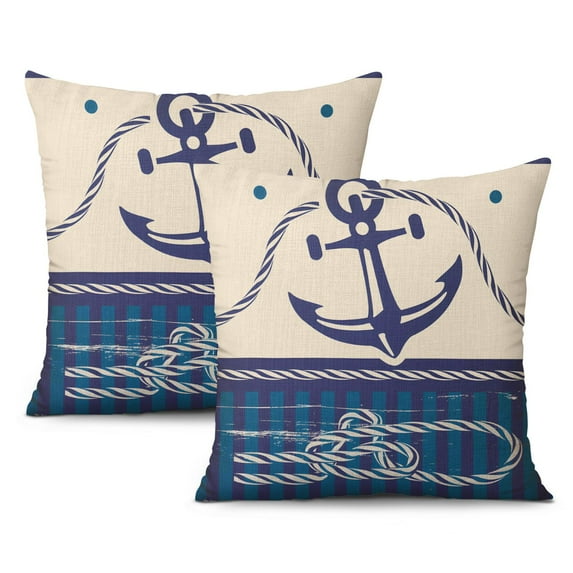 Set of 2 Coastal Sailing Throw Pillow Cases 18x18, Blue Compass Anchor Sailboat Navigation Throw Pillow Cases, Ocean Theme Decorative Cushion Covers for Couch Sofa Living Room Home