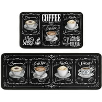 Set of 2 Coffee Kitchen Rug Set, Home Farmhouse Black Kitchen Rugs and Mats, Washable Non Skid Absorbent Microfiber Kitchen Floor Decor Mat 17"x 47" 17"x 30"