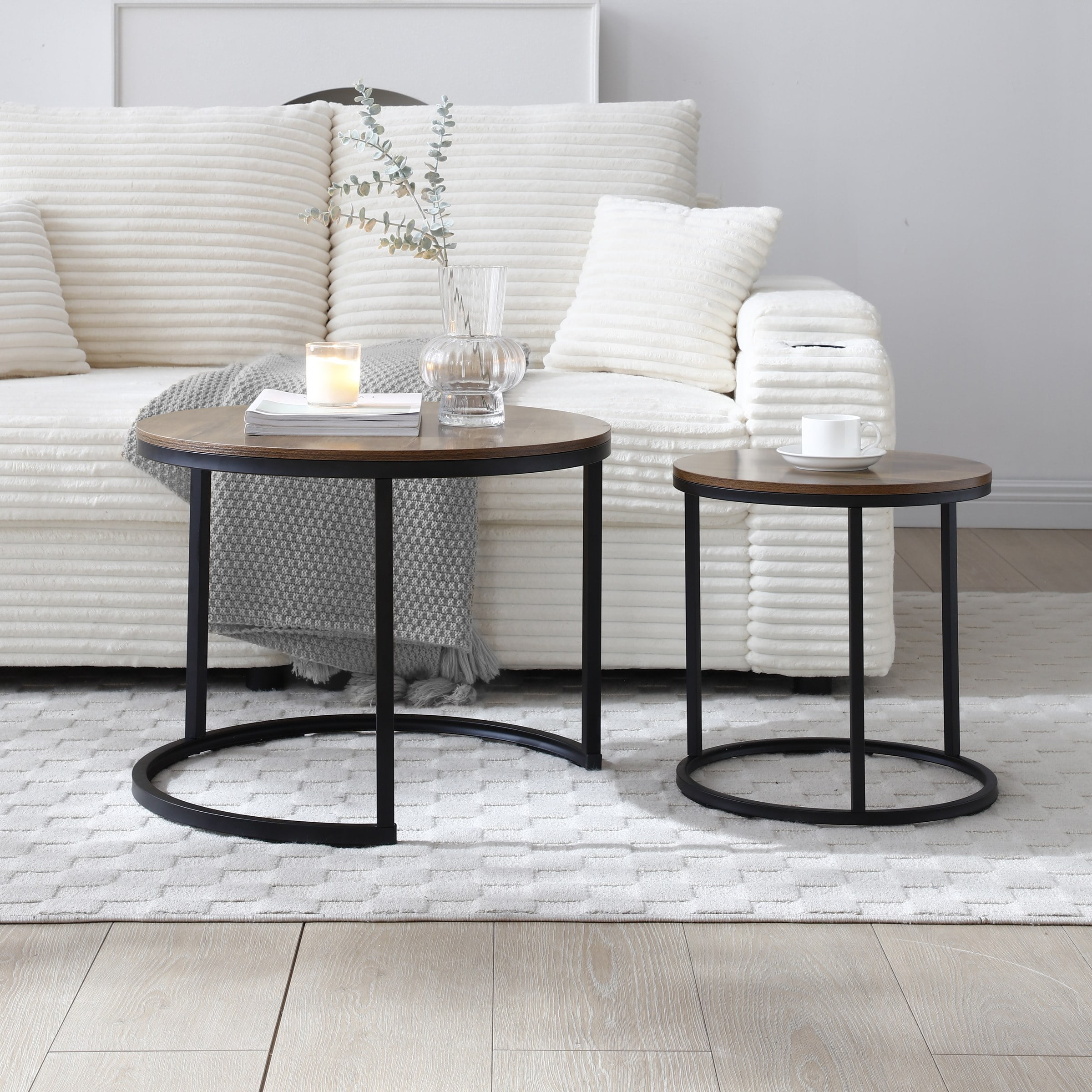 Set of 2 Coffee Table Nesting Side Round End Table Top Sturdy Metal Frame Desk Centerpiece Living Room Bedroom Apartment Modern Industrial Simple Nightstand