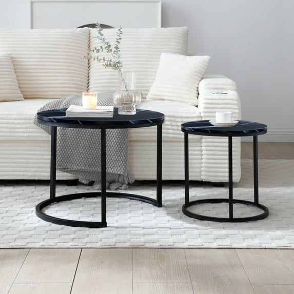 Set 2 Coffee Table Nesting White and gray top Golden Frame Circular Round and Marble Pattern Wooden Tables, Living Room Bedroom Apartment Modern Industrial Simple Nightstand