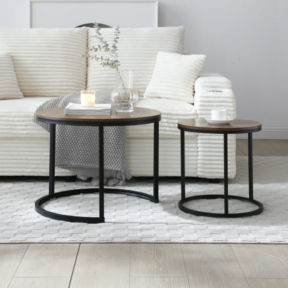 Set 2 Coffee Table Nesting White and gray top Golden Frame Circular Round and Marble Pattern Wooden Tables, Living Room Bedroom Apartment Modern Industrial Simple Nightstand
