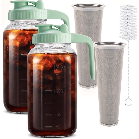 Set of 2 Cold Brew Coffee Maker, 64oz / 2Quart Glass Pitcher with Stainless Steel Filter and Pour Spout Handle Lid, Mason Jar for Making Cold Coffee, Fruit Drinks, Sun Tea (2)